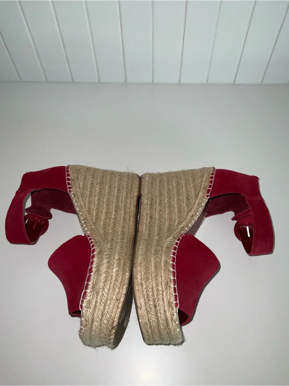 Marc Fisher Red Suede Espadrille Wedge Sandals with Ankle Buckle